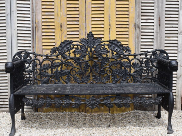 A lovely cast iron Coalbrookdale style oak leaf pattern bench.