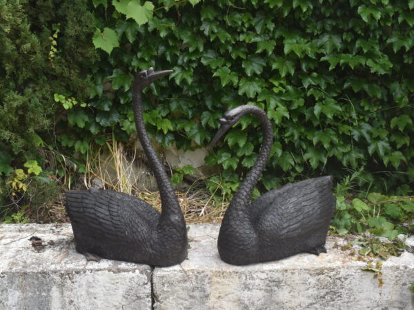 a pair of bronze swans plumbed as fountains.