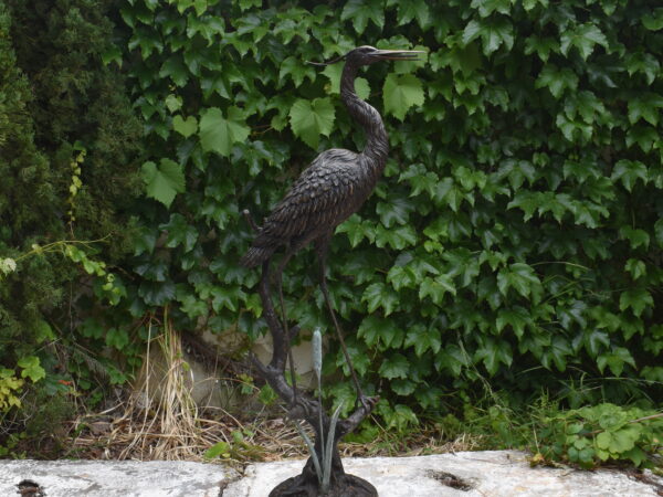 A standing bronze heron plumbed as a fountain.