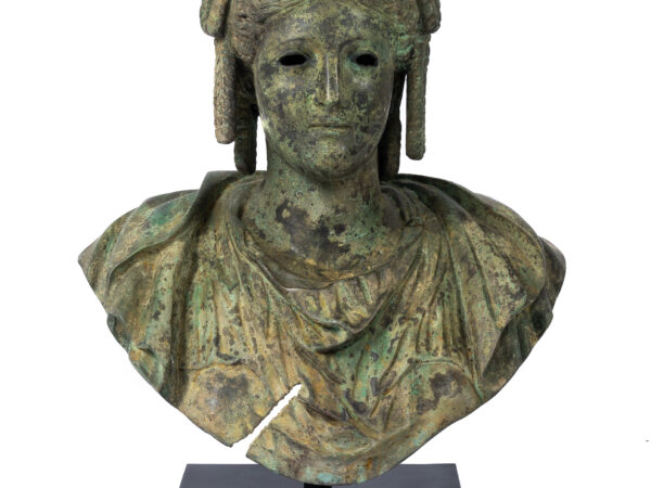 A bronze bust of a Greek Goddess mounted on an iron base